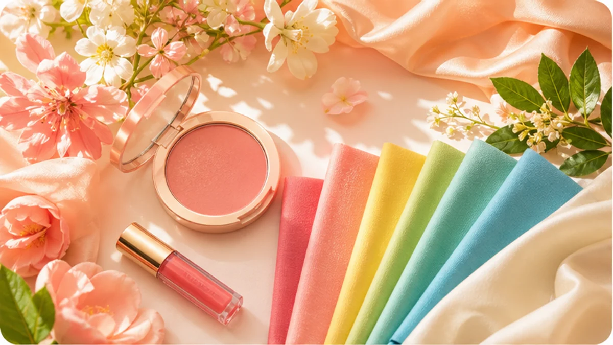 Ảnh bìa mùa Xuân với hoa sáng, son san hô và bảng vải màu tươi ấm