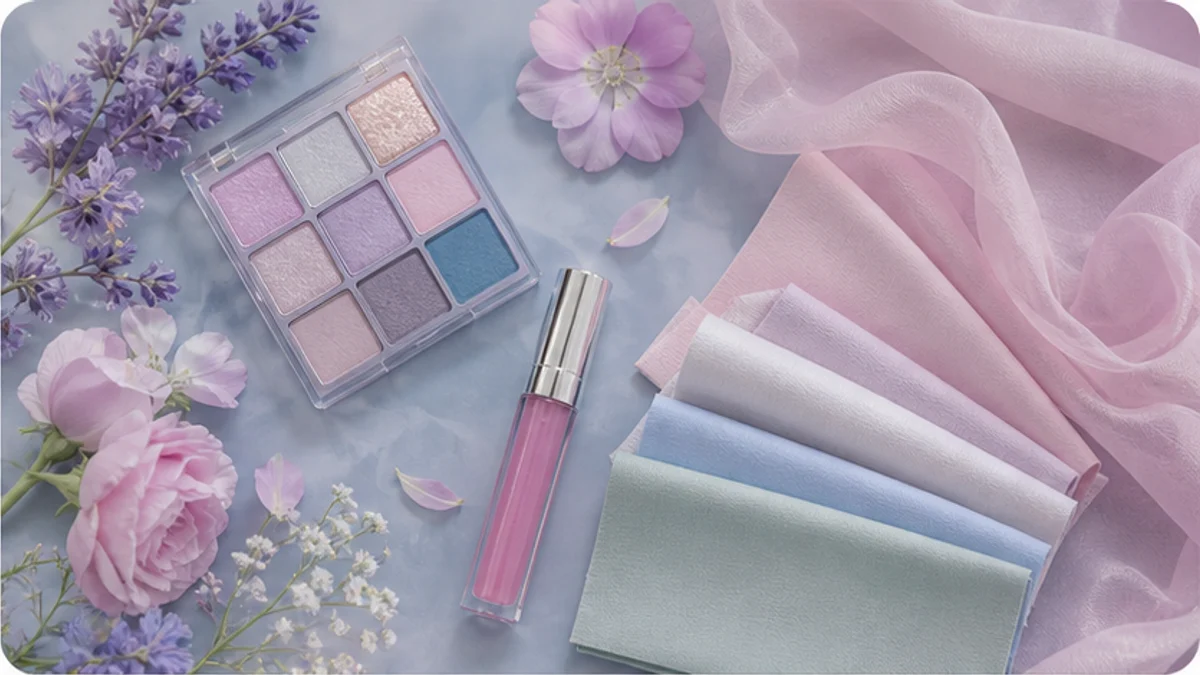 Ảnh bìa mùa Hạ với bảng phấn mắt pastel, lavender và vải màu lạnh dịu